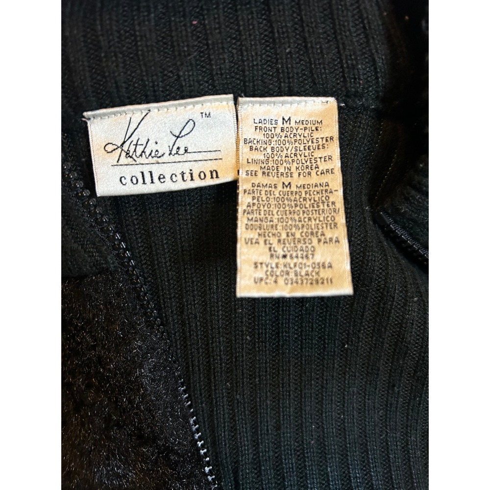 Kathie Lee Cardigan Women Medium Black Faux Fur Front Zip Ribbed Jacket Vintage - Picture 2 of 8